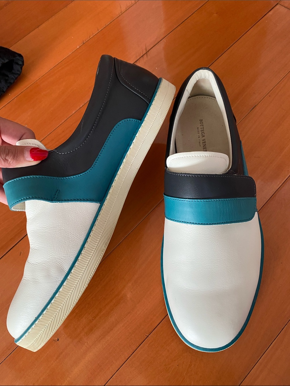 Bottega Veneta White, Teal & Black Leather Slip-On Loafers